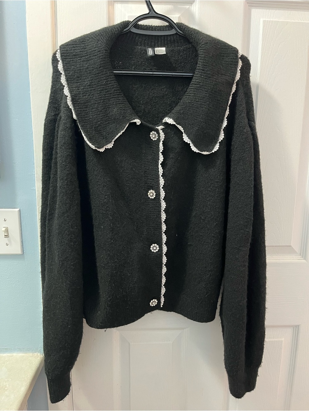 H&M Black Cardigan with White Lace Trim - Size Large